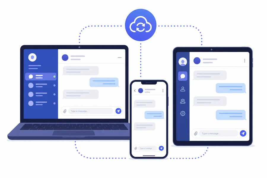 Diagram sinkronisasi lintas perangkat pada aplikasi Telegram Messenger