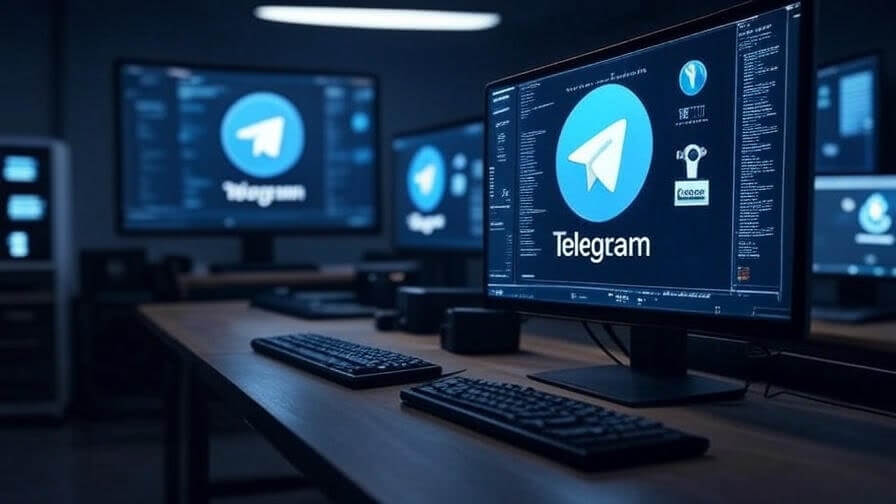 Cuplikan Telegram terbuka di beberapa monitor sekaligus untuk kolaborasi tim