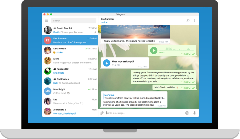 Antarmuka tiga kolom Telegram Desktop untuk PC dengan panel folder chat, jendela percakapan, dan info kontak.
